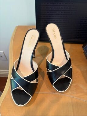 Prada Black Leather Crisscross Slide Sandal Heels
